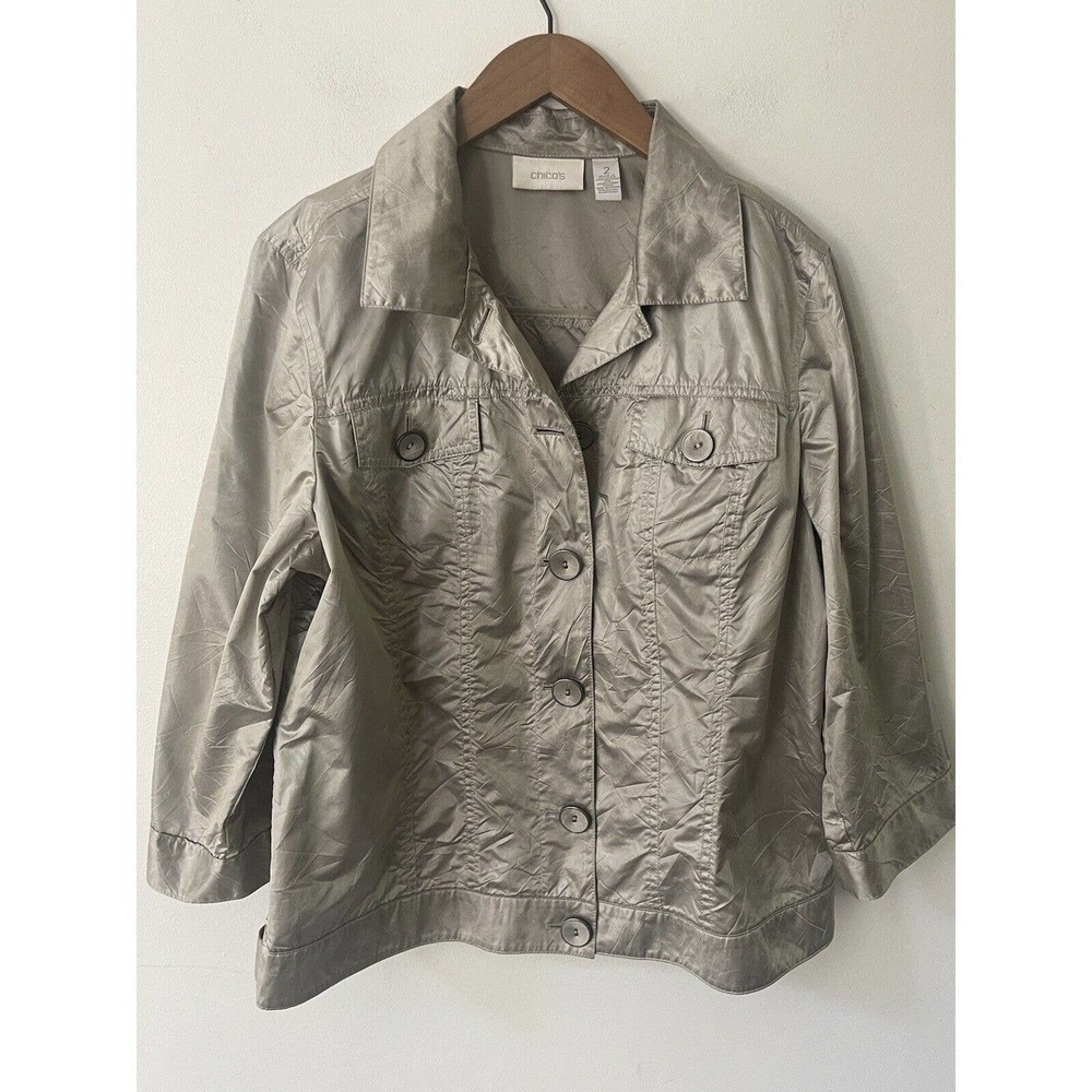 Chicos Womens Size 2 Gray Moto Jacket Metallic Button Front Fitted Long Sleeve